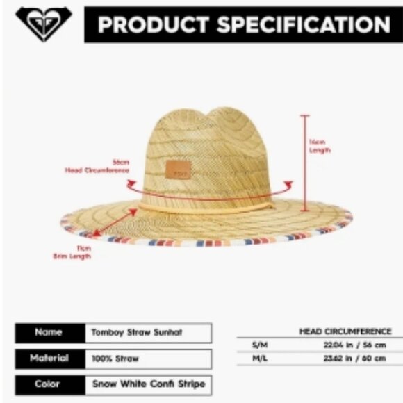 Roxy Tomboy Straw Hat Snow White Confi Stripe S/M NWT - Picture 8 of 10